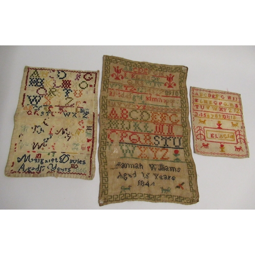 32 - 19th Century alphabet sampler by Hannah Williams, dated 1844, 40 x 26cm, together with two others sm... 