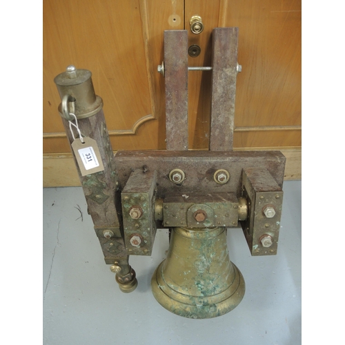 331 - Bronze bell mounted on a brass mounted wooden stand