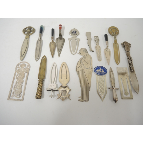 336 - Collection of various silver and silver plated bookmarks, including Churchill, various trowel form b... 