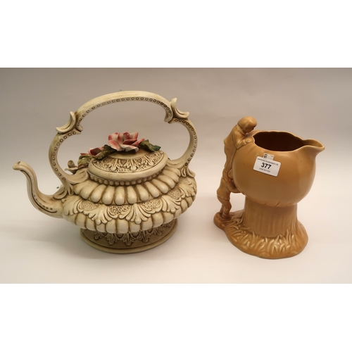 377 - Sylvac brown glazed pottery jug in the form of elves with toadstool, together with a Capo di Monte f... 