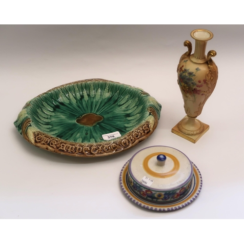 378 - Oval Majolica bread plate (chip to rim), Royal Worcester blush ivory vase (handle at fault) and a Po... 