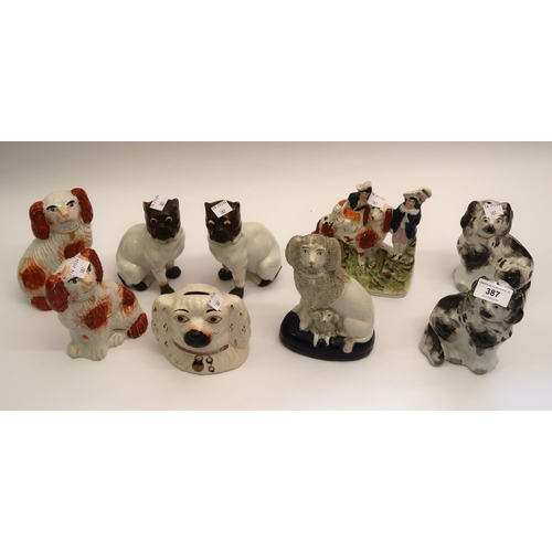 387 - Four pairs of small 19th Century Staffordshire figures of seated spaniels, pair of porcelain figures... 