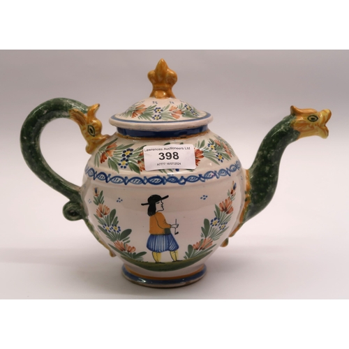 398 - 19th Century Quimper pottery teapot with dragon handle and spout