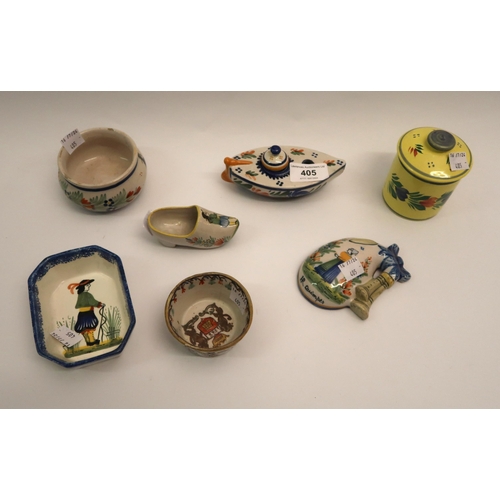 405 - Quimper pottery inkwell, miniature wall plaque and eight other items