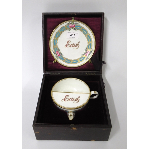 407 - Coalport for Messrs Daniell, New Bond Street, London, fine quality feeding cup with stand with bands... 