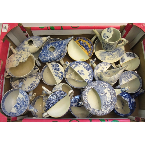 409 - Box containing a large quantity of mainly 19th Century blue and white transfer printed feeding cups,... 