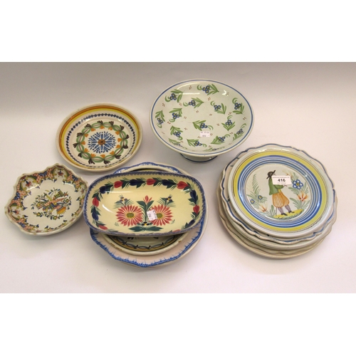 416 - Thirteen various Quimper and Faience dishes and plates, together with a similar tazza