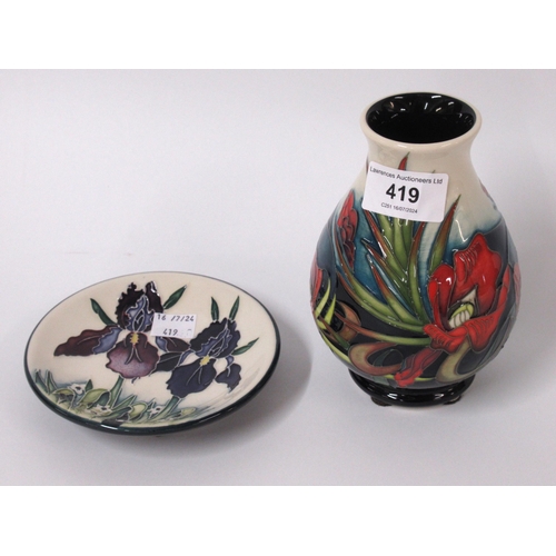 419 - Modern Moorcroft baluster form vase dated 2008, 14cm high and a small circular dish dated 2004