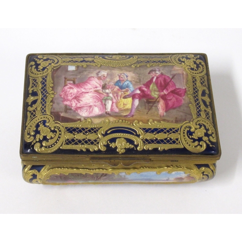 421 - Continental porcelain box and cover decorated with panels of various scenes and with gilt decoration... 