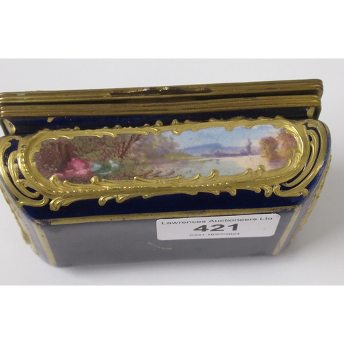 421 - Continental porcelain box and cover decorated with panels of various scenes and with gilt decoration... 