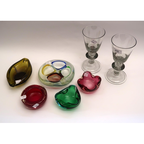 470 - Pair of modern wine glasses with air bubble stems on domed feet, together with a group of five vario... 