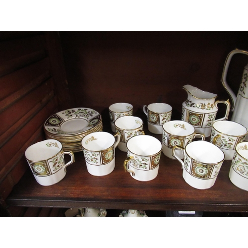 483 - Royal Crown Derby ' Green Derby Panel ' pattern set of ten coffee cans with saucers, with coffee pot... 