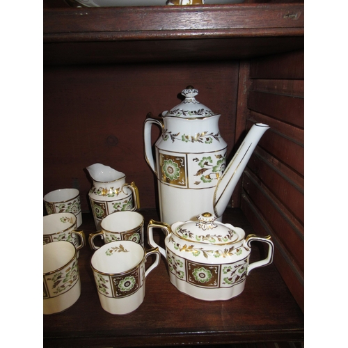 483 - Royal Crown Derby ' Green Derby Panel ' pattern set of ten coffee cans with saucers, with coffee pot... 