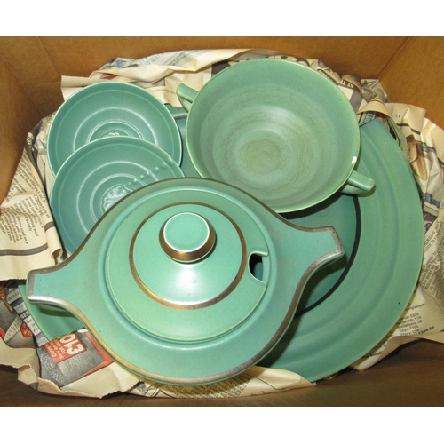 487 - Two boxes containing a large collection of Wedgwood matt green dinner service