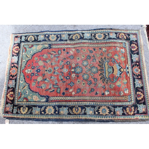 5 - Small Tabriz prayer rug with a vase design on a red ground with borders (worn), 127 x 88cm