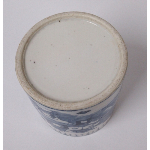 511 - Chinese ceramic brush pot, blue and white decorated with a river landscape, 14cm high, 13cm diameter