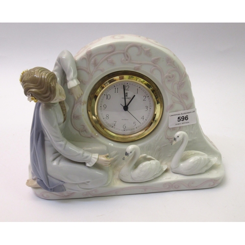 596 - Lladro mantel clock mounted with a figure of a girl feeding swans, 18.5cm high