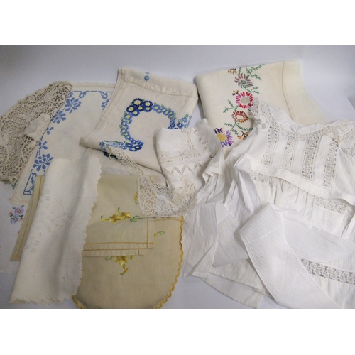 61 - Box containing various linen, lace, crochet work, and embroidery  including Christening gowns, table... 