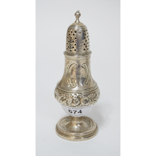 674 - George III London silver baluster form sander / pepper with embossed decoration