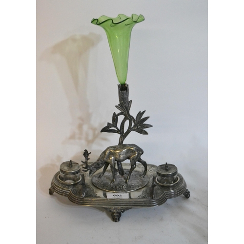 692 - Silver plated single stem desk stand mounted with a figure of a stag