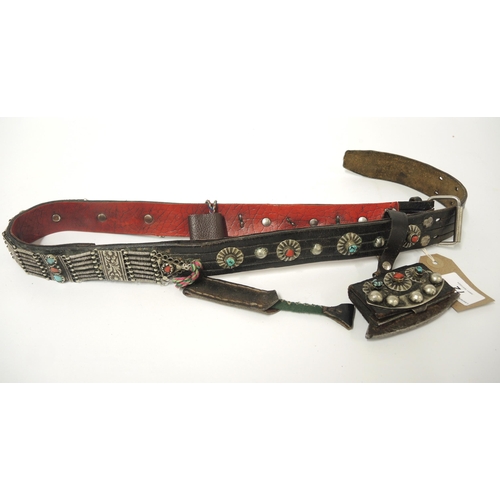 72 - Nepalese leather belt inset with turquoise and coral, with attached flint pouch