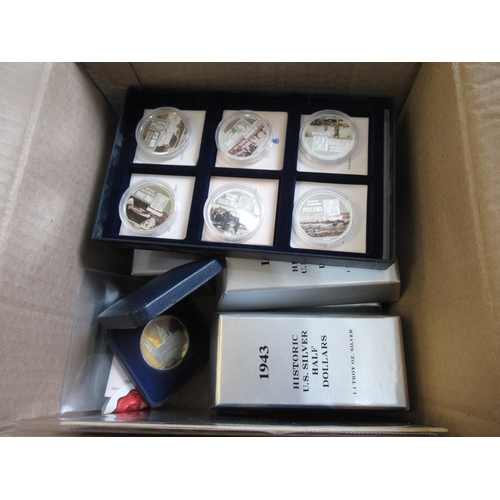 Box containing a collection of various American silver coins in cases, together with other various proof coins etc.