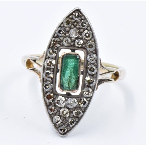 729 - 18ct Gold marquise ring set rectangular emerald bordered by old cut diamonds, size R, 4.3g