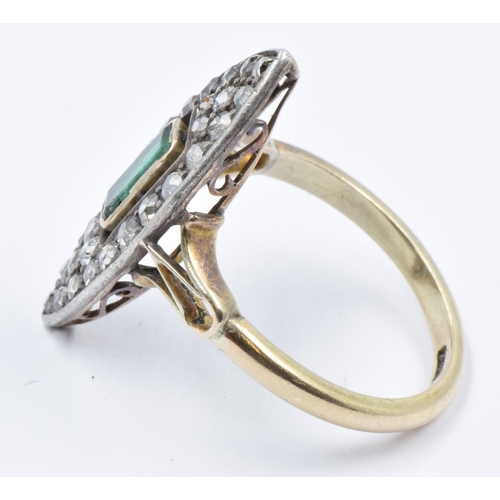 729 - 18ct Gold marquise ring set rectangular emerald bordered by old cut diamonds, size R, 4.3g