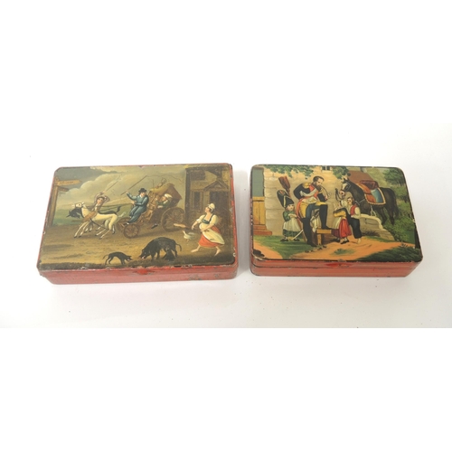 73 - Two 19th Century French rectangular toleware snuff boxes, each with over painted prints of soldier w... 