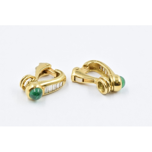 749 - Pair of modern cabochon emerald and baguette diamond set yellow metal ear clips in box