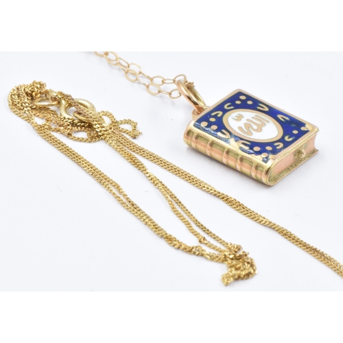 763 - 9ct Yellow gold chain with an islamic yellow metal and enamel pendant, together with another 9ct gol... 