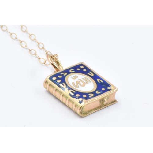 763 - 9ct Yellow gold chain with an islamic yellow metal and enamel pendant, together with another 9ct gol... 