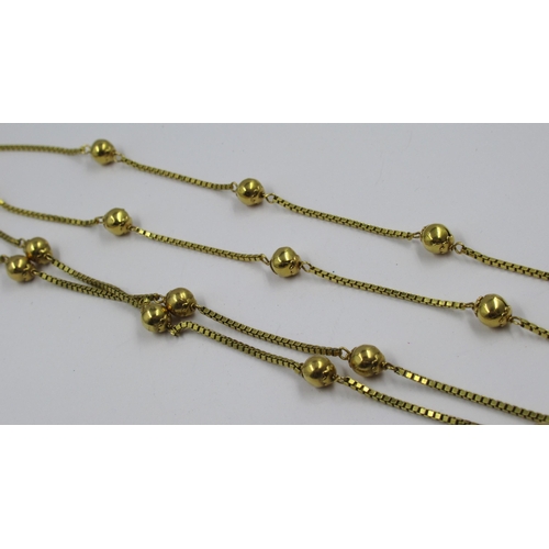 768 - 18ct Yellow gold box link necklace interspaced with yellow gold beads, 68cm, together with another s... 