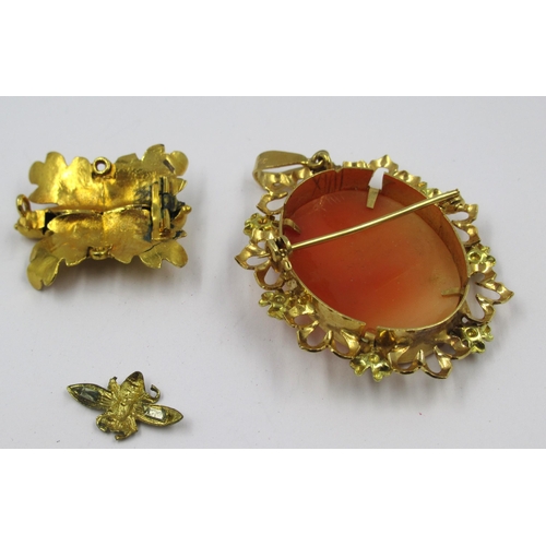 769 - 18ct Gold mounted cameo portrait brooch together with a yellow metal acorn brooch (at fault) and a y... 