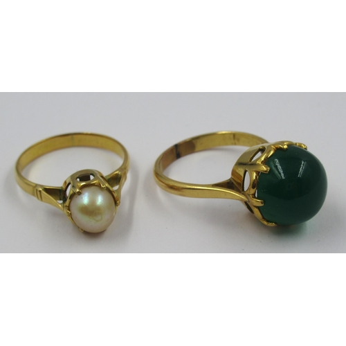 772 - Yellow metal jade set ring, size L, together with another set with a single pearl, size L, total wei... 