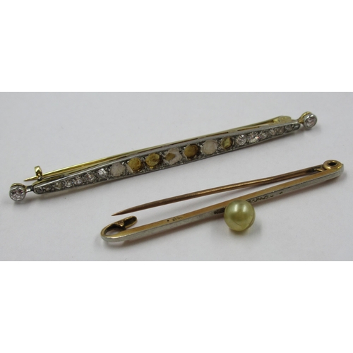 774 - Yellow metal diamond set bar brooch (some stones missing), together with a 15ct yellow gold bar broo... 