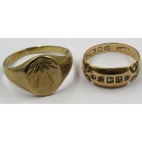 776 - 9ct Gold signet ring, size L, 4g,  together with a 15ct gold ring set with five diamond chips, size ... 