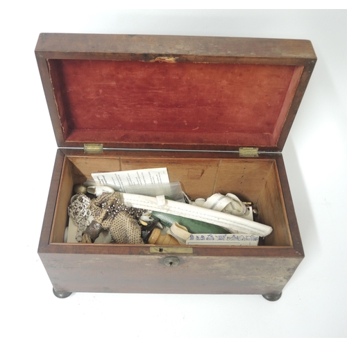 79 - 19th Century tea caddy containing a collection of various ephemera including buttons etc.