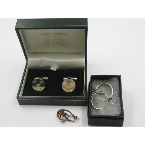 795 - Charles Horner silver brooch, pair of silver cufflinks and a pair of silver hoop earrings