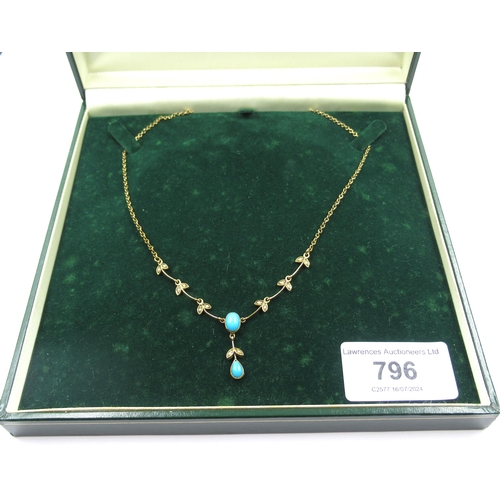 796 - 9ct Gold turquoise and seed pearl set pendant necklace, 4.8g