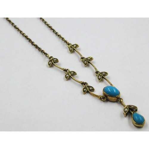 796 - 9ct Gold turquoise and seed pearl set pendant necklace, 4.8g