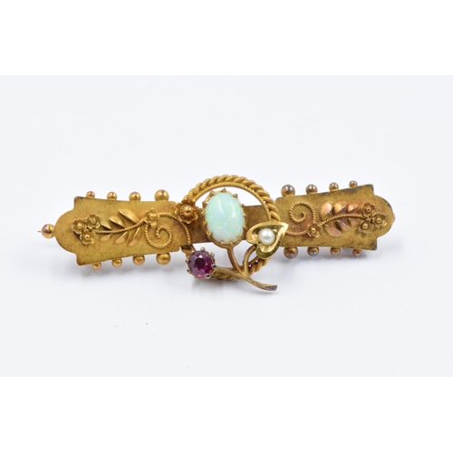 797 - Victorian 15ct gold opal, ruby and seed pearl set bar brooch, 3.8g