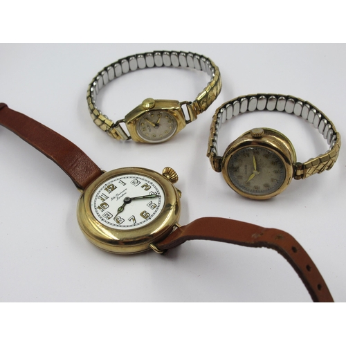 816 - J.W. Benson large circular 9ct gold cased wristwatch (glass lacking) with brown leather strap, toget... 