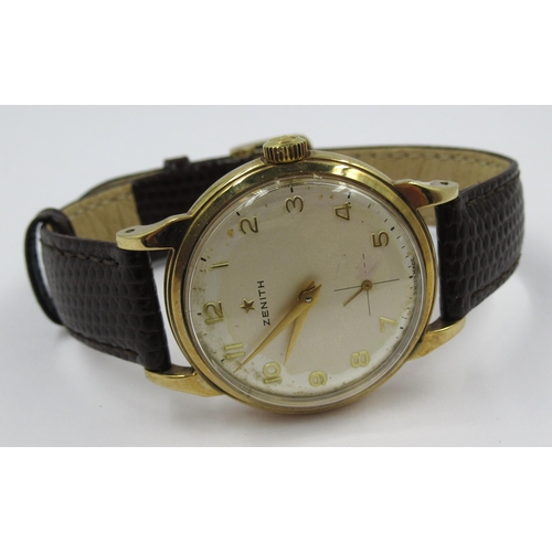 819 - Zenith 9ct Yellow gentleman's wristwatch with subsidiary seconds and leather strap, in associated bo... 