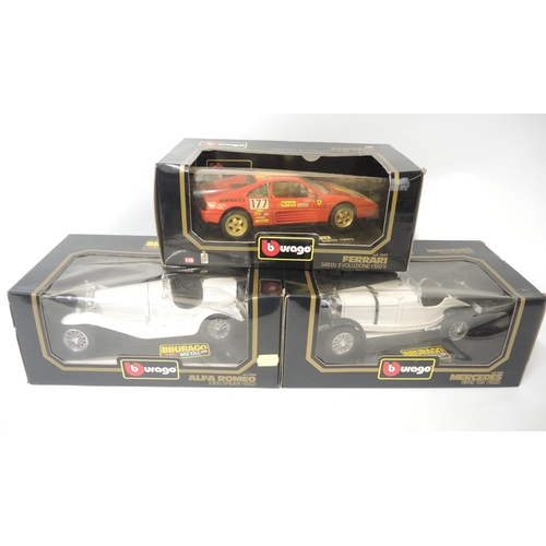 83 - Three Burago 1/18 scale diecast metal model cars, Alfa Romeo 2800 Spider, Mercedes Benz SSK and a Fe... 