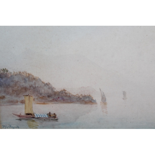 866 - H. Medlycott, watercolour, Continental lake scene with boats, 21.5 x 39cm, gilt framed, style of Mor... 