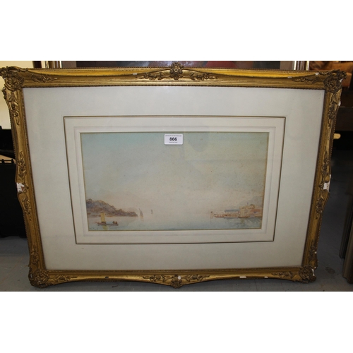 866 - H. Medlycott, watercolour, Continental lake scene with boats, 21.5 x 39cm, gilt framed, style of Mor... 