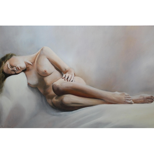 869 - Paul Apps, oil on Masonite, reclining female nude, signed, signed again verso, 35 x 60cm, framed