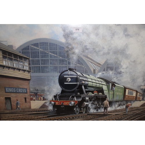 870 - J.K. Byass, oil on board, Flying Scotsman 4472 leaving Kings Cross station, framed 50 x 75cm