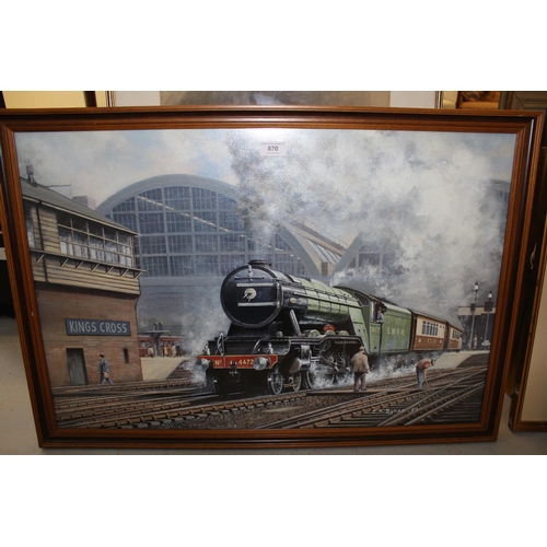 870 - J.K. Byass, oil on board, Flying Scotsman 4472 leaving Kings Cross station, framed 50 x 75cm